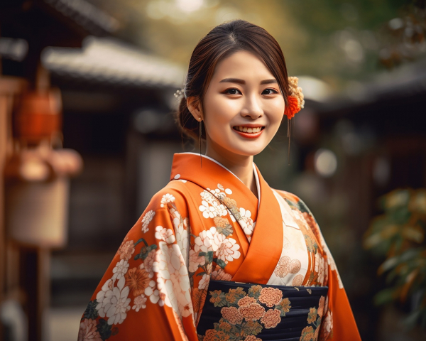 オレンジの着物を着た女性